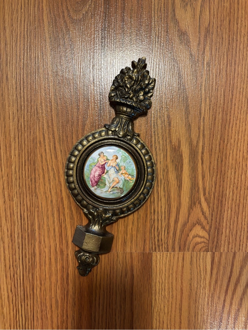 Vintage Brass Wall Decor with Porcelain Inset Hand-enameled and 24kt gold rim